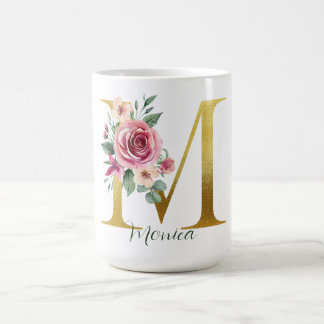 Aquarellblume und Goldbrief M, Name Kaffeetasse