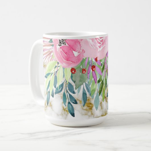 Aquarellblume und goldener Marmor Kaffeetasse (Vorderseite Links)