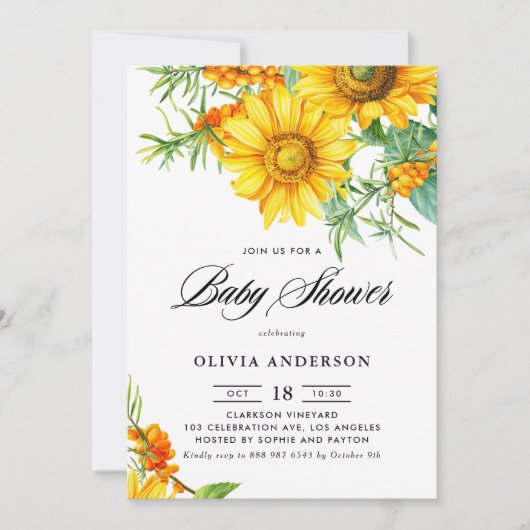 Aquarellblume und Sea Buckthorn Kinderdusche Einladung (Vorderseite)