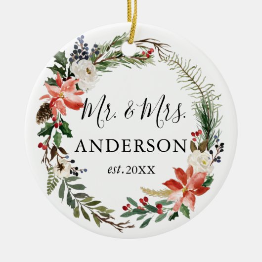 Aquarellblume Wreath Neu verheiratetes FOTO BACK Keramik Ornament (Vorne)