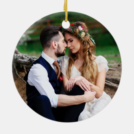 Aquarellblume Wreath Neu verheiratetes FOTO BACK Keramik Ornament (Hinten)