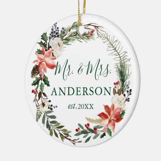 Aquarellblume Wreath Neu verheiratetes FOTO BACK Keramik Ornament (Links)