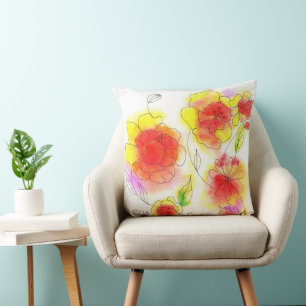 Aquarellblumen abstrakt, rot und gelb kissen