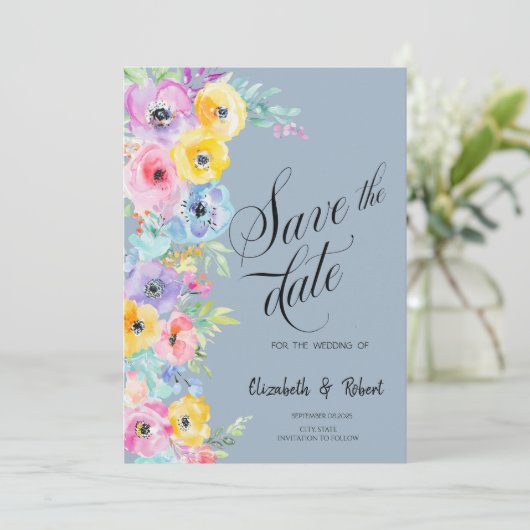 Aquarellblumen Dusty Blue Save the Date (Stehend Vorderseite)