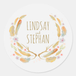 Aquarellblumen-Federn Antlers Rustikale Hochzeit Runder Aufkleber