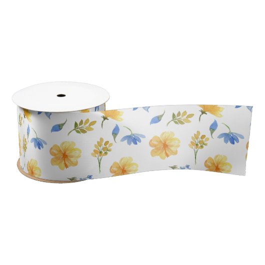 Aquarellblumen Gelb und Blau Blumen Satinband (Spule)
