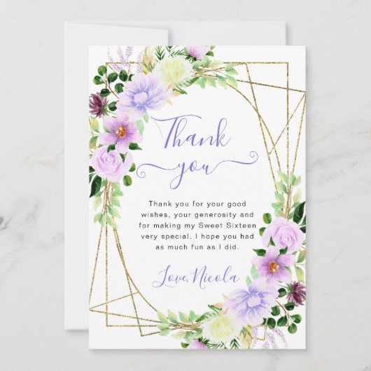 Aquarellblumen Goldrahmen Sweet 16 Dankeskarte (Vorderseite)