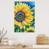 Aquarellblumen im hellblauen Hintergrund Poster (Küche)