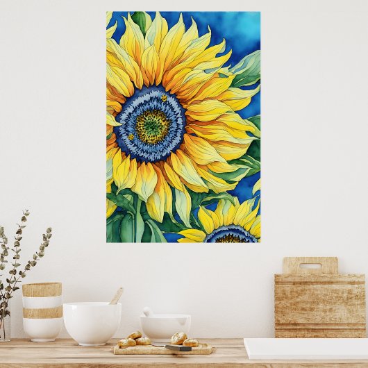 Aquarellblumen im hellblauen Hintergrund Poster (Küche)