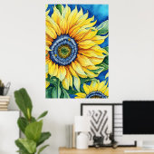 Aquarellblumen im hellblauen Hintergrund Poster (Heimbüro)