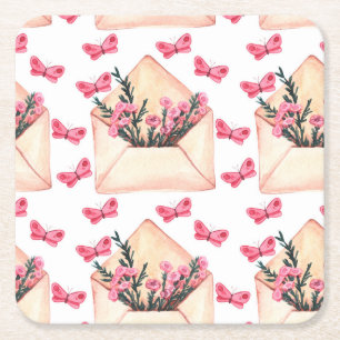 Aquarellblumen in Umschlägen: nahtloses Muster Rechteckiger Pappuntersetzer