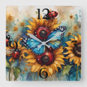 Aquarellblumen, Ladybugs und Schmetterling Quadratische Wanduhr (Vorderseite)