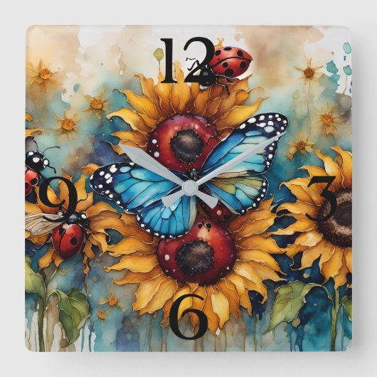 Aquarellblumen, Ladybugs und Schmetterling Quadratische Wanduhr (Vorderseite)