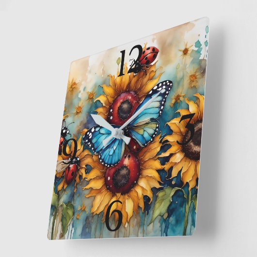 Aquarellblumen, Ladybugs und Schmetterling Quadratische Wanduhr (Winkel)
