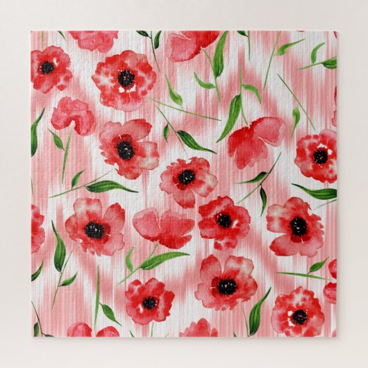 Aquarellblumen: Mohn-Pfingstrose-Ikat. Puzzle (Vertikal)