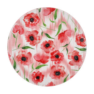 Aquarellblumen: Mohn-Pfingstrose-Ikat. Schneidebrett