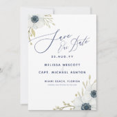 Aquarellblumen Navy Blue & White Wedding Save The Date (Vorderseite)