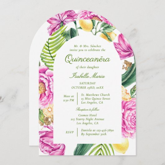 Aquarellblumen QR-Code Quinceañera Einladung (Vorne/Hinten)