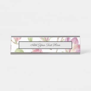 Aquarellblumen Rosa Florales Garten Grüne Blätter Schreibtischnamensplakette