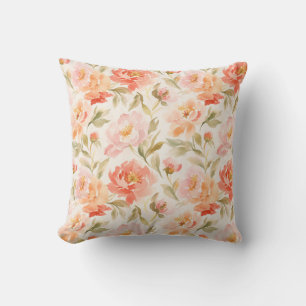 Aquarellblumen Rosa Orange Grüne Blätter Kissen