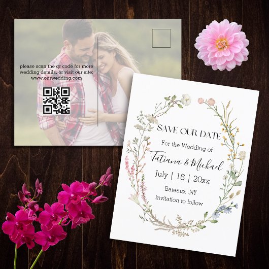 Aquarellblumen Save the Date,qr Code-Foto Ankündigungspostkarte