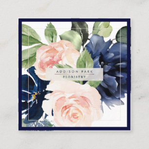Aquarellblumen Staubiges Navyblau Blush Quadratische Visitenkarte
