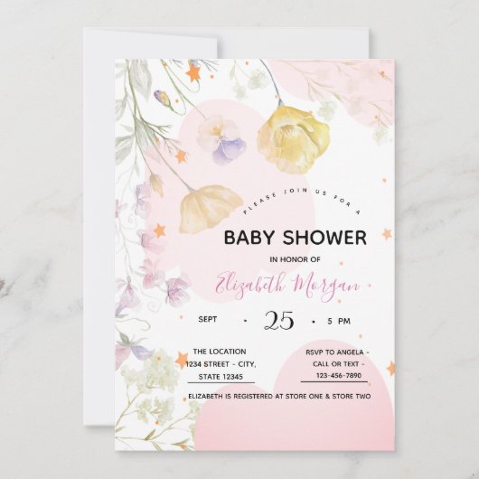 Aquarellblumen, Sterne, Wolken Einladung (Vorderseite)