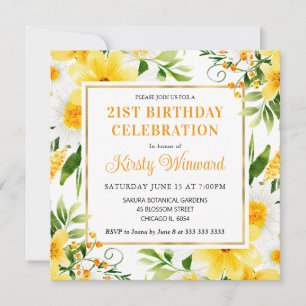 Aquarellblumen und gelbe Blumen zum Geburtstag Einladung