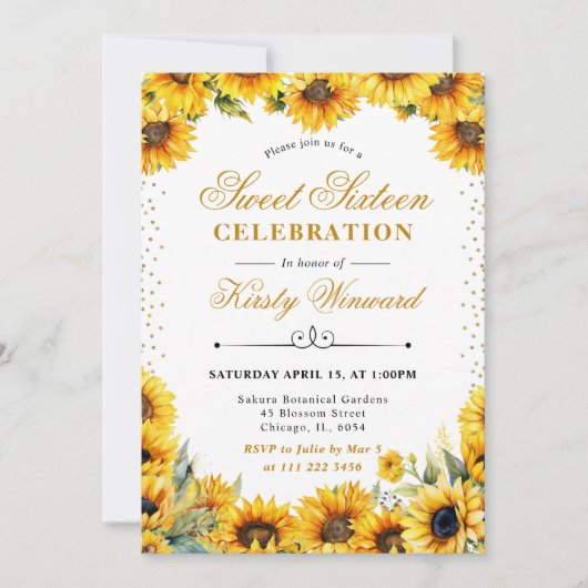 Aquarellblumen und Goldener Glitzer Süß 16 Einladung (Vorderseite)