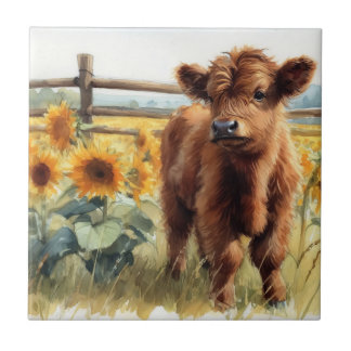 Aquarellblumen und Hochlandkalb Fliese