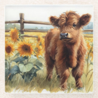 Aquarellblumen und Hochlandkalb Glasuntersetzer