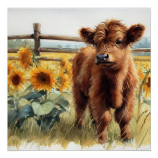 Aquarellblumen und Hochlandkalb Poster
