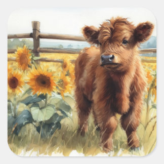 Aquarellblumen und Hochlandkalb Quadratischer Aufkleber