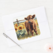 Aquarellblumen und Hochlandkalb Quadratischer Aufkleber (Umschlag)