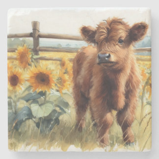 Aquarellblumen und Hochlandkalb Steinuntersetzer