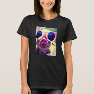 Aquarellblumen und Schwein mit Sonnenbrille Niedli T-Shirt