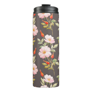Aquarellblumenmuster von Hunden und Rose und Roter Thermosbecher
