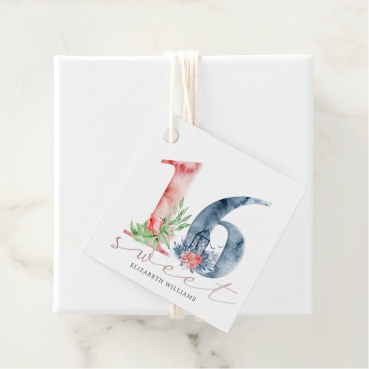 Aquarellblumenschrift 16 . Geburtstag favorisieren Geschenkanhänger (Beispiel)
