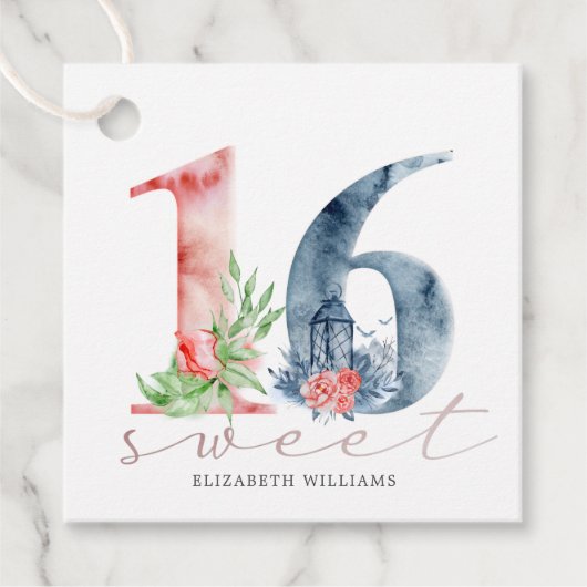 Aquarellblumenschrift 16 . Geburtstag favorisieren Geschenkanhänger (Vorderseite)