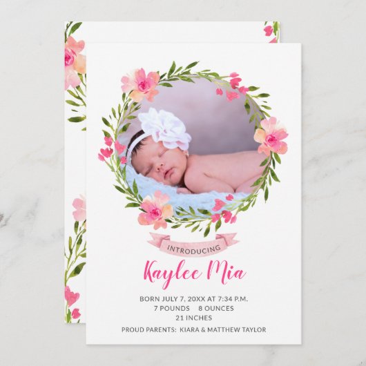 Aquarellblumenschurz Foto Birth Ankündigung (Vorne/Hinten)