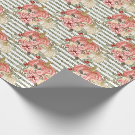 Aquarellblush Pumpkin Green Gold Glitzer Streifen Geschenkpapier (Ecke)