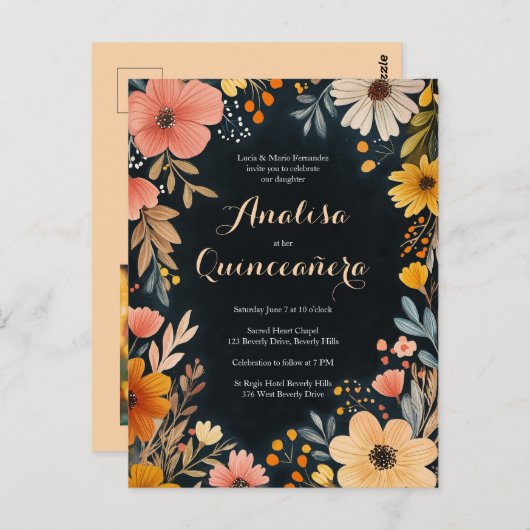 Aquarellblüte im Dunkeln Quinceñera CUSTOM-Foto Postkarte (Vorne/Hinten)