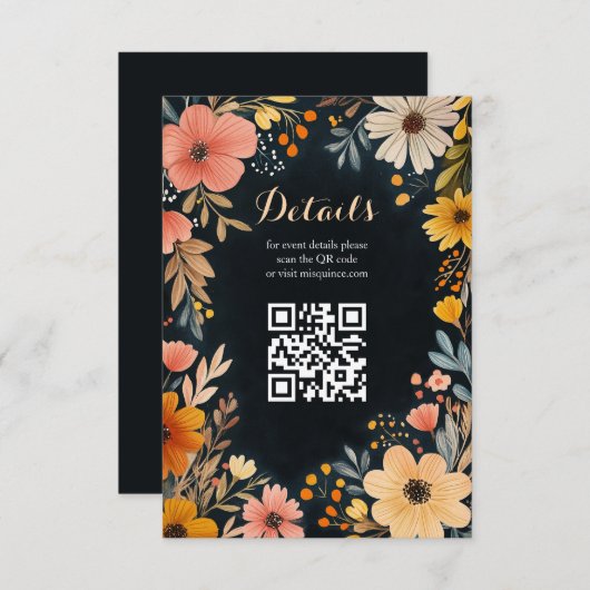 Aquarellblüte in dunklem Quinceñera CUSTOM QR Begleitkarte (Vorne/Hinten)