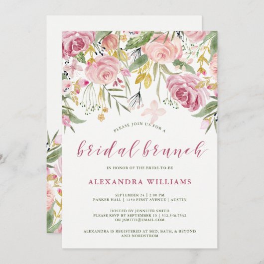 Aquarellblüte rosa | Gold Floral Bridal Brunch Einladung (Vorne/Hinten)
