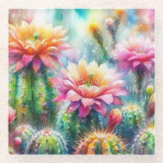 Aquarellblüte Sukkulente Kakteen Glasuntersetzer (Vorderseite)
