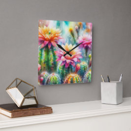 Aquarellblüte Sukkulente Kakteen Quadratische Wanduhr