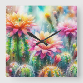 Aquarellblüte Sukkulente Kakteen Quadratische Wanduhr