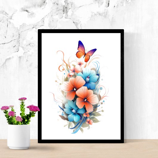 Aquarellblüten Blume Butterfisch Blauer Orange Poster