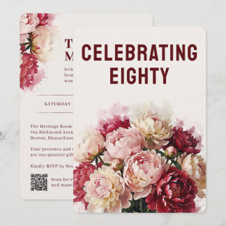 Aquarellblüten | Elegante Pfingstrose 80. Geburtst Einladung