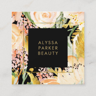 Aquarellblüten  Gold und Peach Floral auf Schwarz Quadratische Visitenkarte